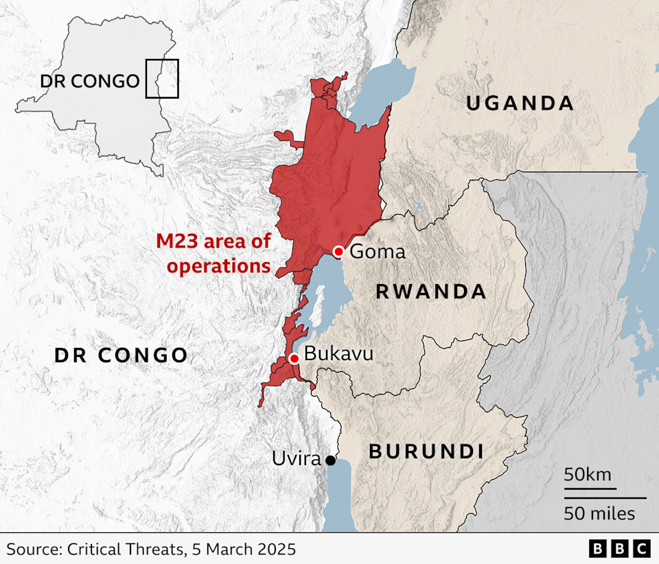 Map showing M23&#39;s area of operations in eastern DR Congo