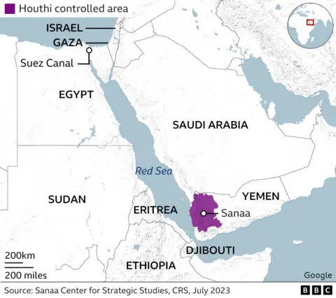 Map showing where Sanaa is in relation to the Red Sea, Israel, eastern Africa and the Arabian Peninsula. 