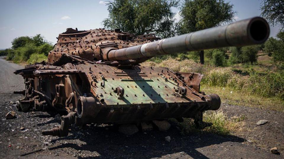 The charred remaining of a T-72 tank lay on the road that connects Shiraro to Shire on October 12, 2024