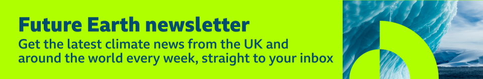 Thin, green banner promoting the Future Earth newsletter with text saying, &#x00201c;Get the latest climate news from the UK and around the world every week, straight to your inbox&#x00201d;. There is also a graphic of an iceberg overlaid with a green circular pattern.