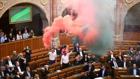 Getty Images Opposition lawmakers lit flares inside Parliament in protest against the vote