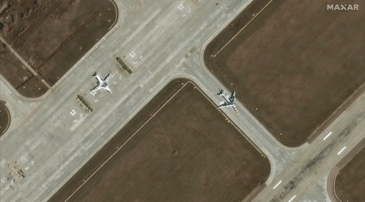 A close-up view of the runway shows no damage to any aircraft. Satellite image ©2025 Maxar Technologies