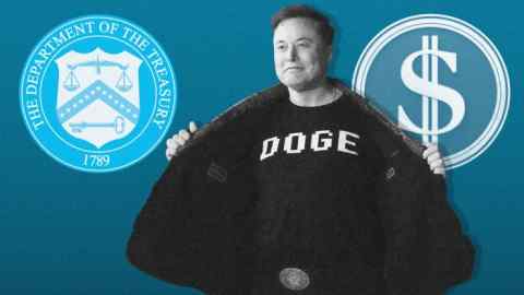 A montage of a picture of Elon Musk wearing a Doge T-shirt, a logo of the US Treasury and a dollar symbol