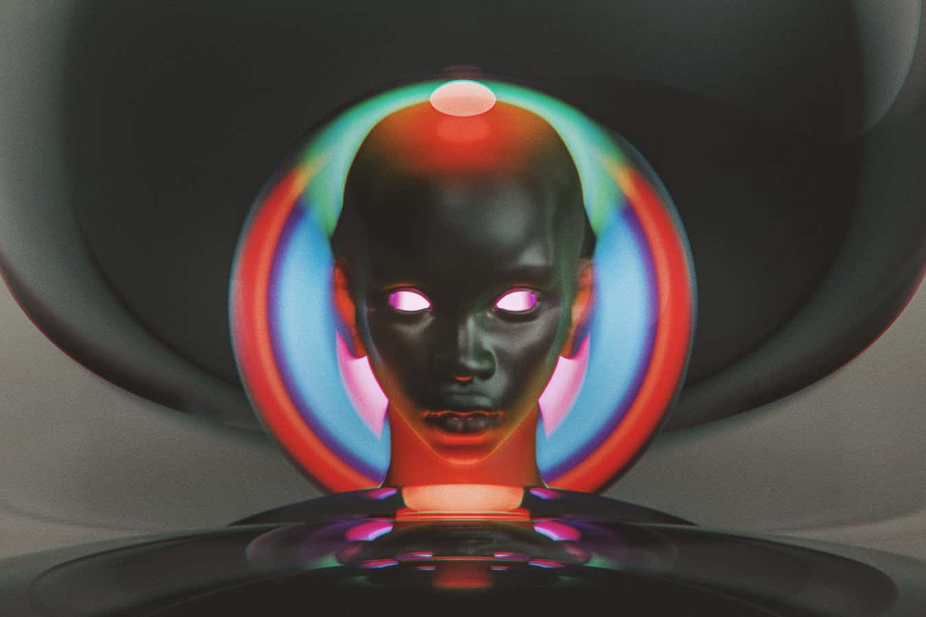 Abstract glass sphere shapes with cyborg head. 3D generated image.