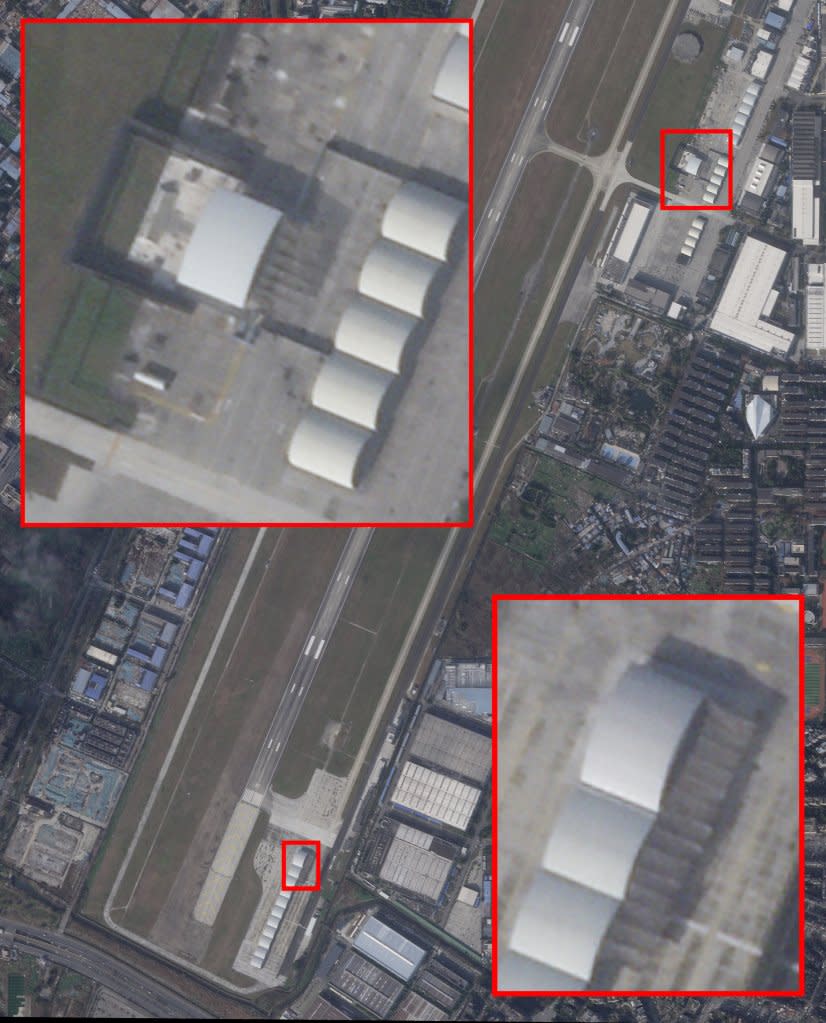 An annotated satellite image of Chengdu Aircraft Corporation’s main plant taken on Jan. 26, 2025, showing the two extended-width shelters that appeared there last year. <em>PHOTO © 2025 PLANET LABS INC. ALL RIGHTS RESERVED. REPRINTED BY PERMISSION</em>