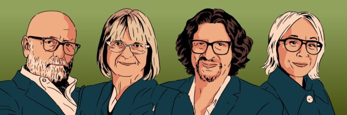 Illustration showing, from left, Tim Hayward, Jancis Robinson, Jay Rayner and Marina O’Loughlin