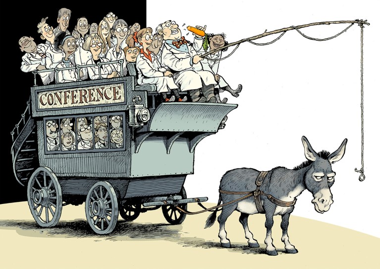 Cartoon of a donkey-drawn wagon filled with scientists with the word 'CONFERENCE' printed on the side. The driver eats a carrot whilst holding an empty string in front of the donkey.