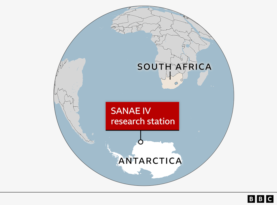 Map showing the research station near the edge of the Antarctic continent, and the distance to mainland South Africa, which is more than 4,000km.