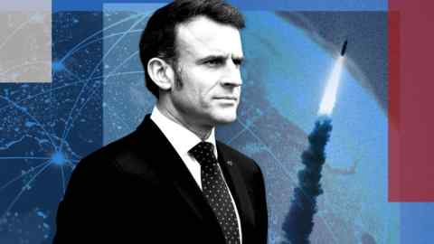 A montage showing Emmanuel Macron with an image of a missile in the background